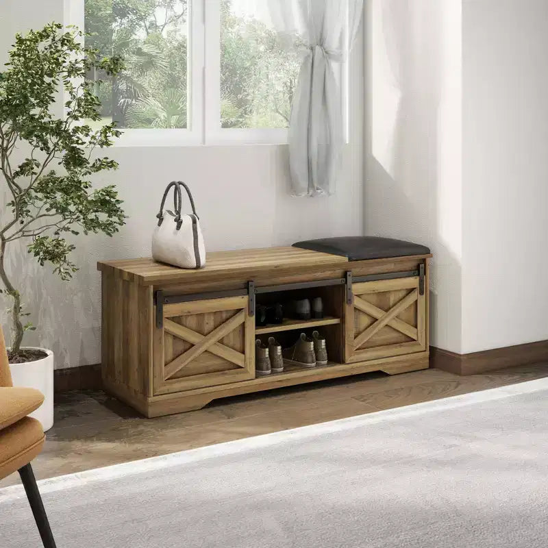 47W Farmhouse Shoe Bench Storage Bench with Sliding X Barn Door, Adjustable Shelves and Cushion-ModernLuxe