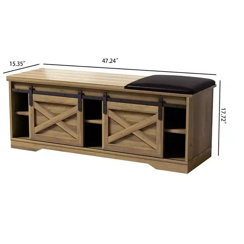 47W Farmhouse Shoe Bench Storage Bench with Sliding X Barn Door, Adjustable Shelves and Cushion-ModernLuxe