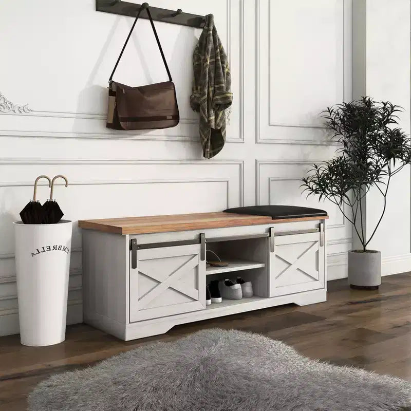 47W Farmhouse Shoe Bench Storage Bench with Sliding X Barn Door, Adjustable Shelves and Cushion-ModernLuxe