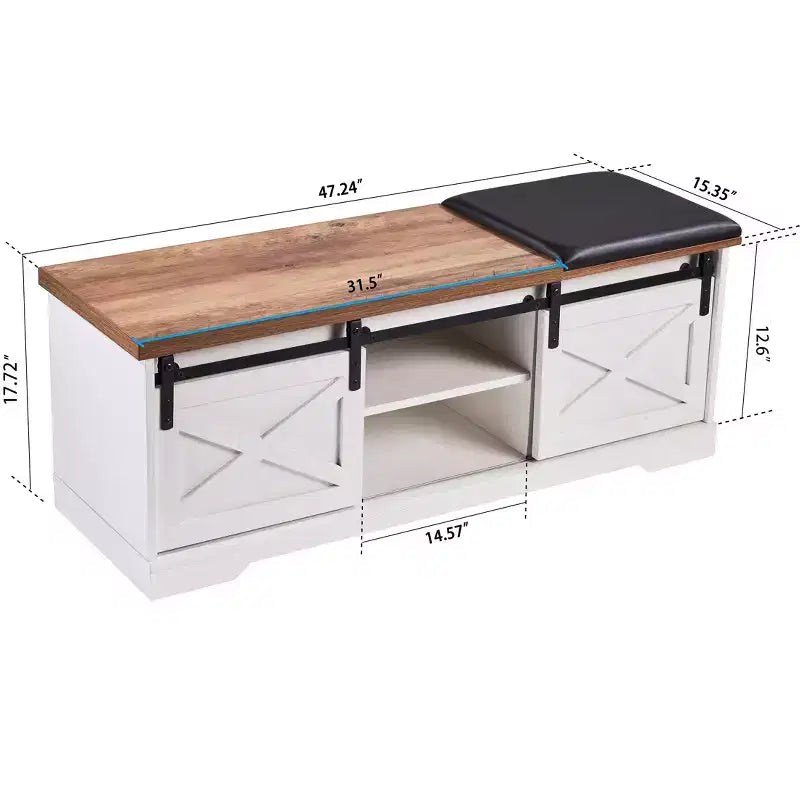47W Farmhouse Shoe Bench Storage Bench with Sliding X Barn Door, Adjustable Shelves and Cushion-ModernLuxe