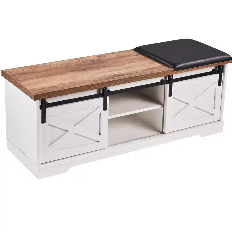 47W Farmhouse Shoe Bench Storage Bench with Sliding X Barn Door, Adjustable Shelves and Cushion-ModernLuxe