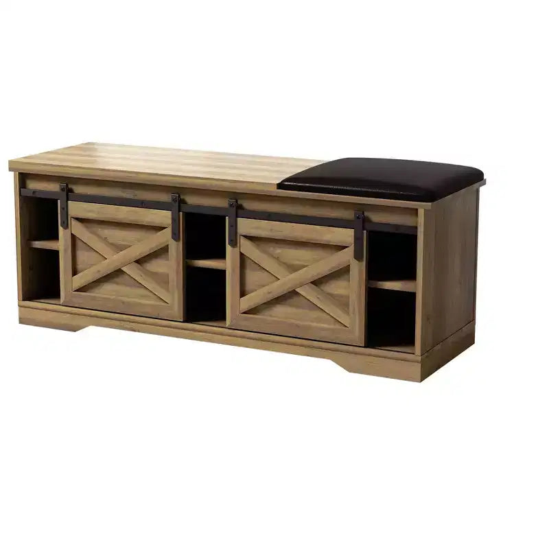 47W Farmhouse Shoe Bench Storage Bench with Sliding X Barn Door, Adjustable Shelves and Cushion-ModernLuxe