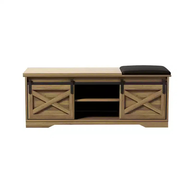 47W Farmhouse Shoe Bench Storage Bench with Sliding X Barn Door, Adjustable Shelves and Cushion-ModernLuxe