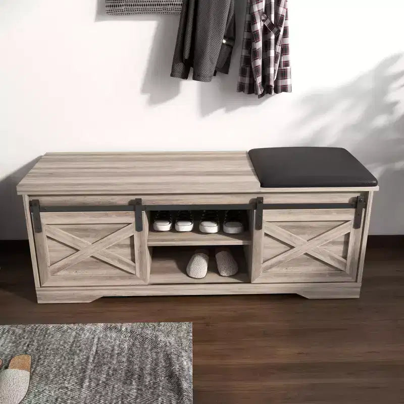 47W Farmhouse Shoe Bench Storage Bench with Sliding X Barn Door, Adjustable Shelves and Cushion-ModernLuxe