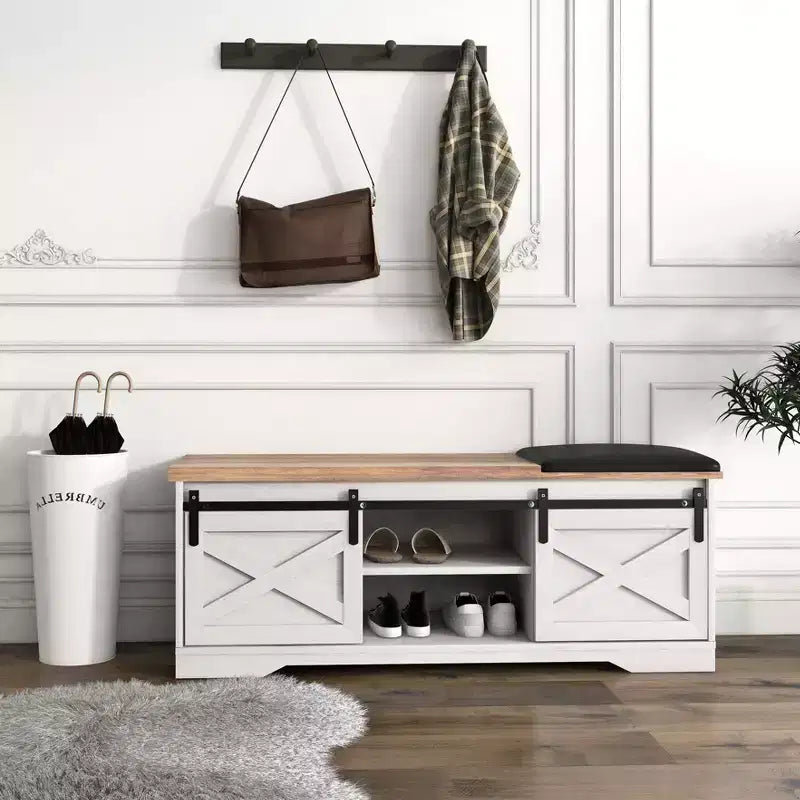 47W Farmhouse Shoe Bench Storage Bench with Sliding X Barn Door, Adjustable Shelves and Cushion-ModernLuxe