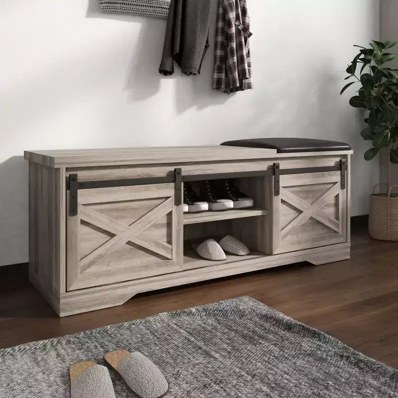 47W Farmhouse Shoe Bench Storage Bench with Sliding X Barn Door, Adjustable Shelves and Cushion-ModernLuxe