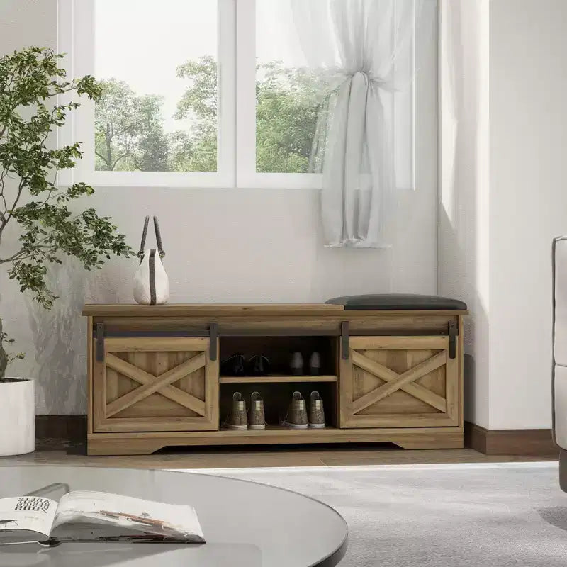 47W Farmhouse Shoe Bench Storage Bench with Sliding X Barn Door, Adjustable Shelves and Cushion-ModernLuxe