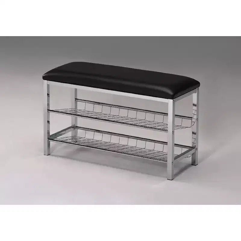 Metal Shoe Bench with Faux Leather Seat, Chrome and Black