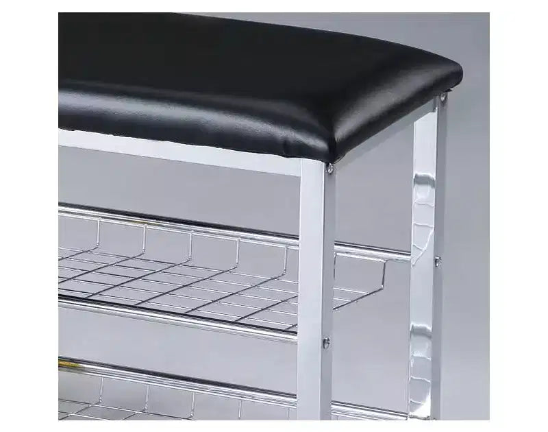 Metal Shoe Bench with Faux Leather Seat, Chrome and Black