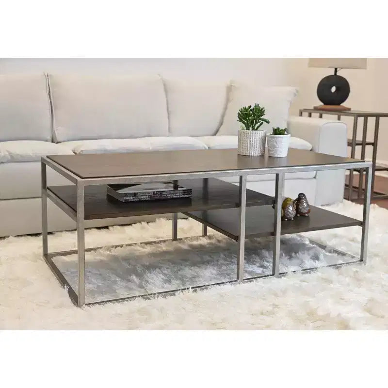Roundhill Furniture Padena Metal Frame Wood Living Room Coffee Table with Shelf