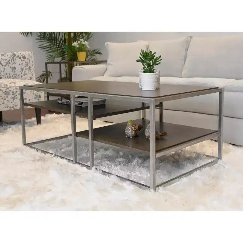 Roundhill Furniture Padena Metal Frame Wood Living Room Coffee Table with Shelf