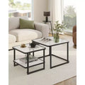 VASAGLE Nesting Coffee Table, Frosted Glass Coffee Table with LED Lights, Square Side Tables with Bottom Shelf