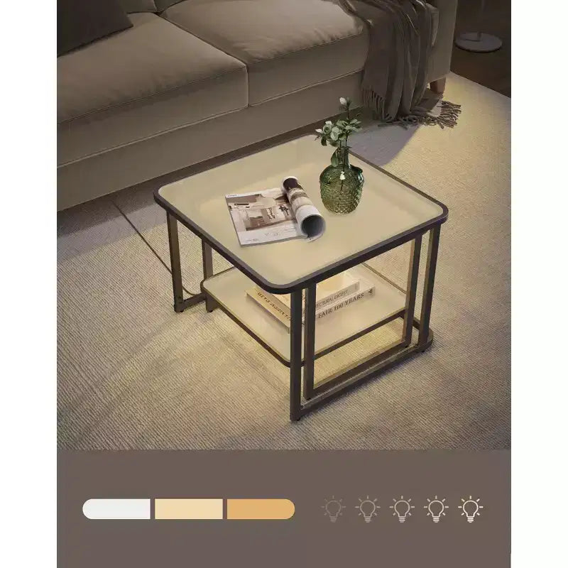 VASAGLE Nesting Coffee Table, Frosted Glass Coffee Table with LED Lights, Square Side Tables with Bottom Shelf