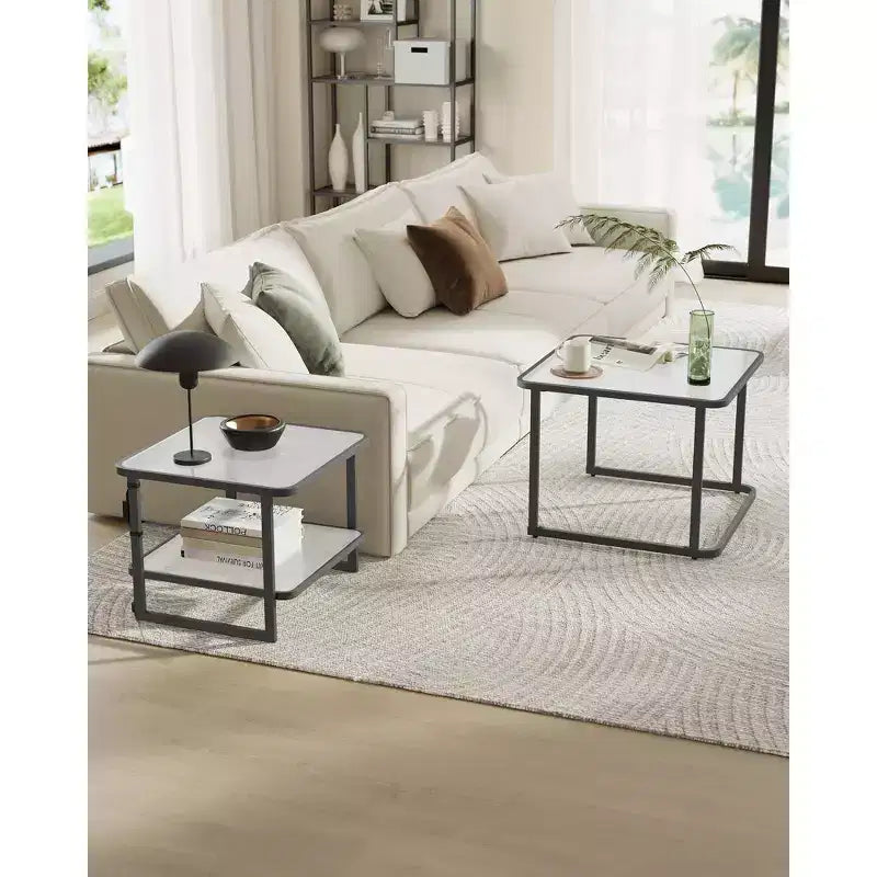 VASAGLE Nesting Coffee Table, Frosted Glass Coffee Table with LED Lights, Square Side Tables with Bottom Shelf