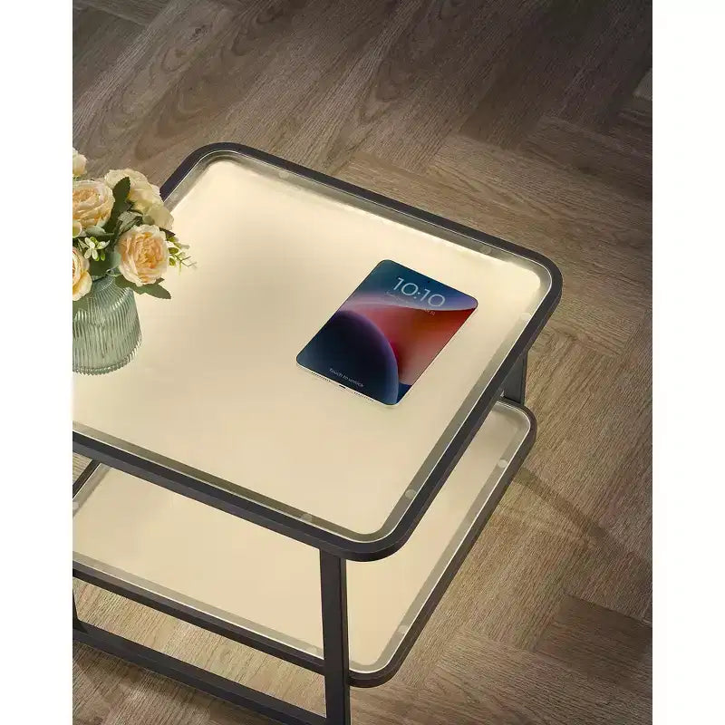 VASAGLE Nesting Coffee Table, Frosted Glass Coffee Table with LED Lights, Square Side Tables with Bottom Shelf