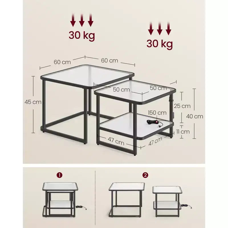 VASAGLE Nesting Coffee Table, Frosted Glass Coffee Table with LED Lights, Square Side Tables with Bottom Shelf