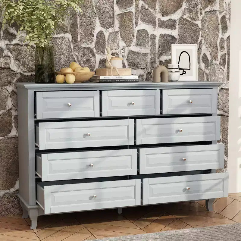 Famapy 9 Drawer Dresser Classic Style Metal Button Handles 5 Support Legs