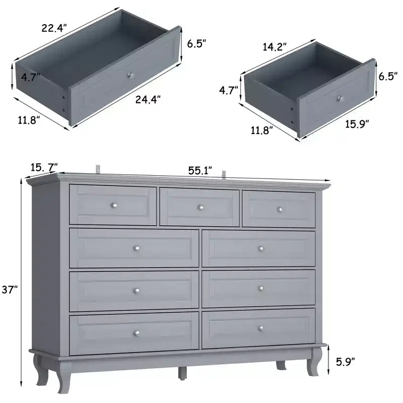 Famapy 9 Drawer Dresser Classic Style Metal Button Handles 5 Support Legs