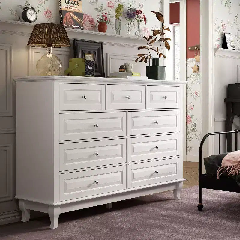 Famapy 9 Drawer Dresser Classic Style Metal Button Handles 5 Support Legs