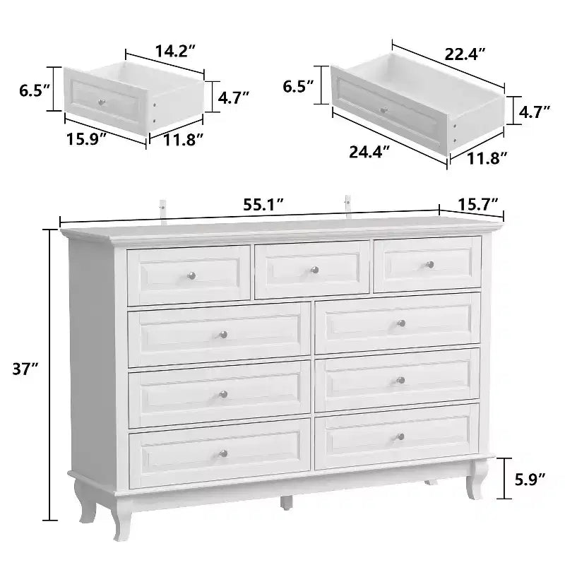 Famapy 9 Drawer Dresser Classic Style Metal Button Handles 5 Support Legs