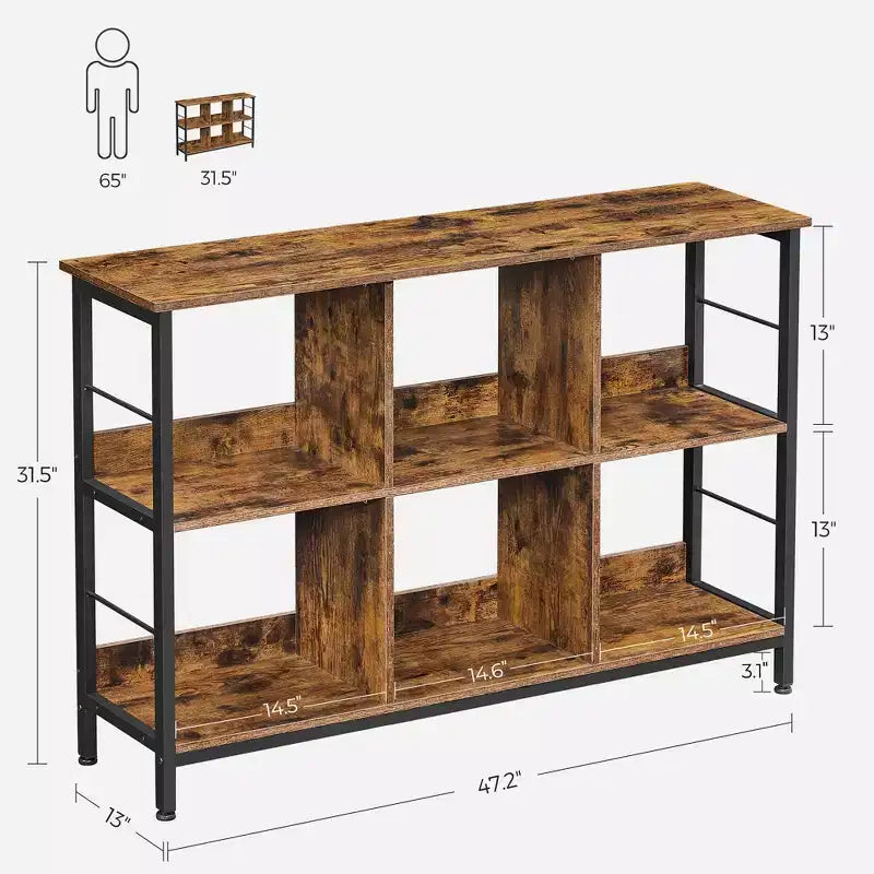 Bookshelf, Cube Shelf, Console Table, TV Stand with 6 Storage Cubes, 13 x 47.2 x 31.5 Inches Industrial Design, Rustic Brown