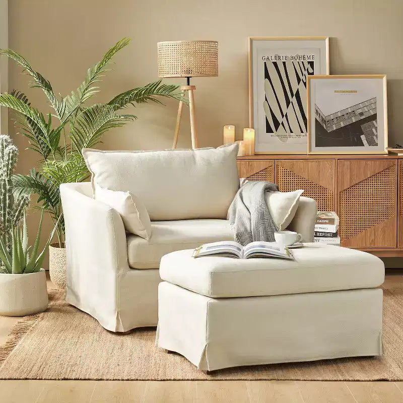 Nat Slipcovered Armchair with Ottoman | HULALA HOME